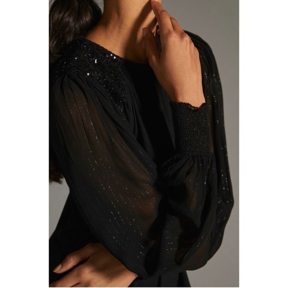Anthropologie Bl-nk Sequin Embellished Blouse Size XS Black Bohemian NWT - Picture 2 of 14